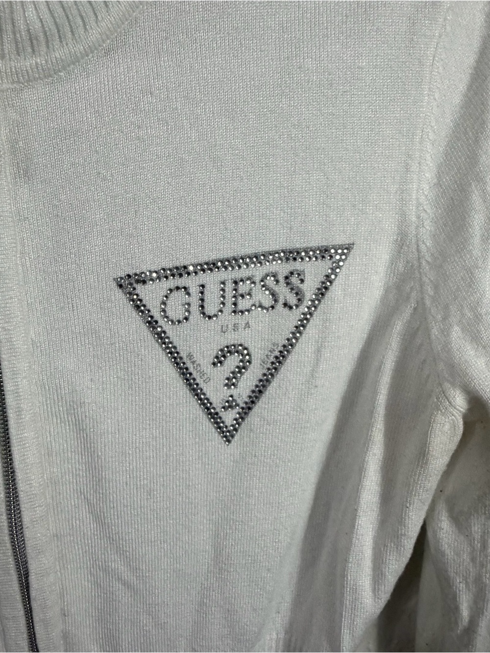 GUESS White Ribbed Zip-Up Knit Jacket Rhinestone Triangle Logo Small Y2K - Picture 3 of 10